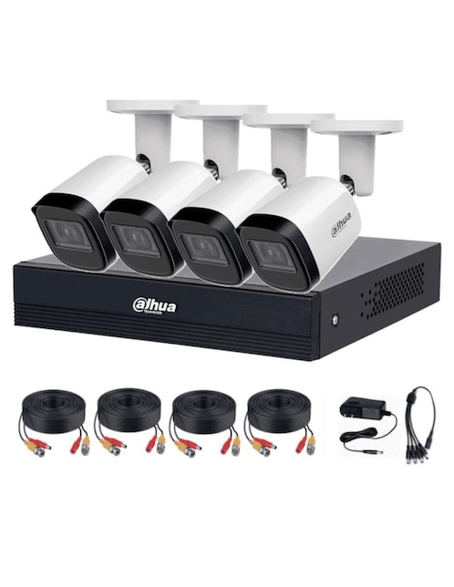 DAHUA Kit 4 cámaras de seguridad Dahua modelo XVR1B04-I/4-B2A21N-IL alámbricas Full HD 80° a 19° con capacidad de grabar para interior y exterior