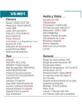 Cámara individual de seguridad Vak modelo VS-W01 inalámbrica 4K/UHD 60 con visión nocturna para interior
