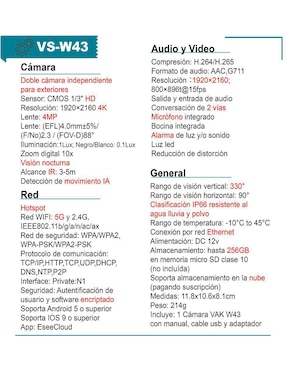 Cámara individual de seguridad Vak modelo VS-W43 inalámbrica 4K/UHD 90° con capacidad de grabar y visión nocturna para interior y exterior